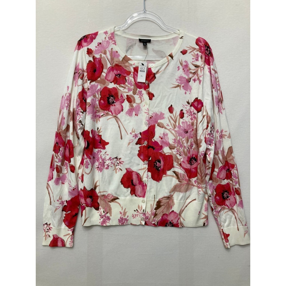 New Talbots Cardigan XL Red Pink Poppy Floral Button Front Sweater Feminine
